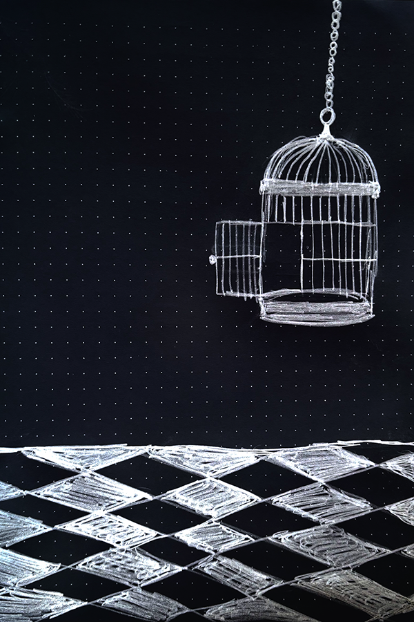 Hand-drawn illustration of an open birdcage